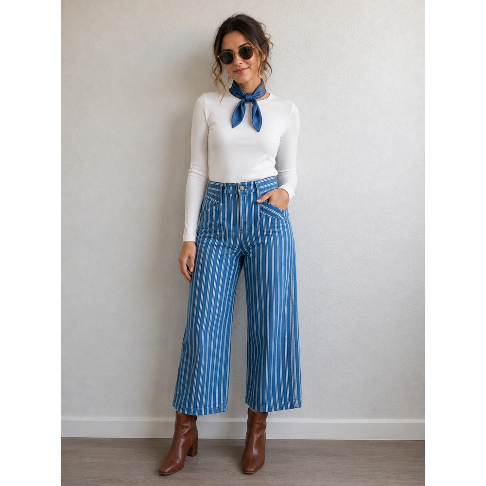 American Eagle Women's Size 8 Blue White Striped Wide Leg Crop Pants 100% Cotton